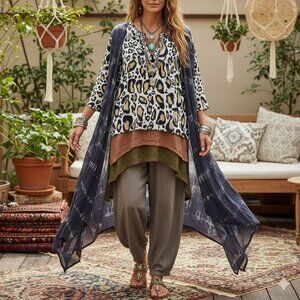 SoCa St. John Leopard Print Embellished Neckline Long Sleeve Blouse Size Small